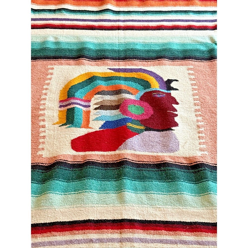 Handmade Woven Aztec Warrior Blanket Fringe Throw Wall Hanging Mexican 75x43 - Picture 3 of 7